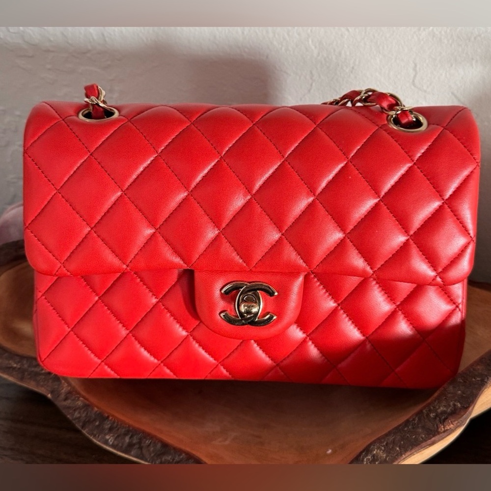 CHANEL Red Smooth Leather Classic Double Flap Bag Small with Gold Hardware